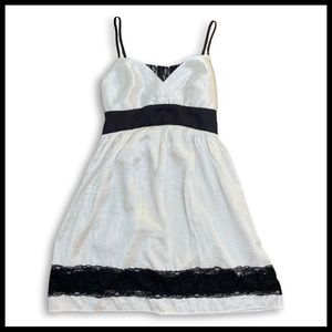 White Empire Waist Dress with Black Lace and Black Ribbon Belt